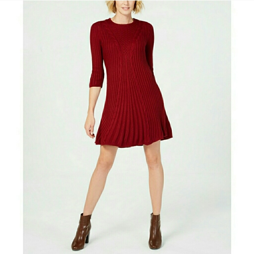 NY Collection Plus Size Ribbed Burgundy Red Vneck Cable Knit Swing Sweater Dress